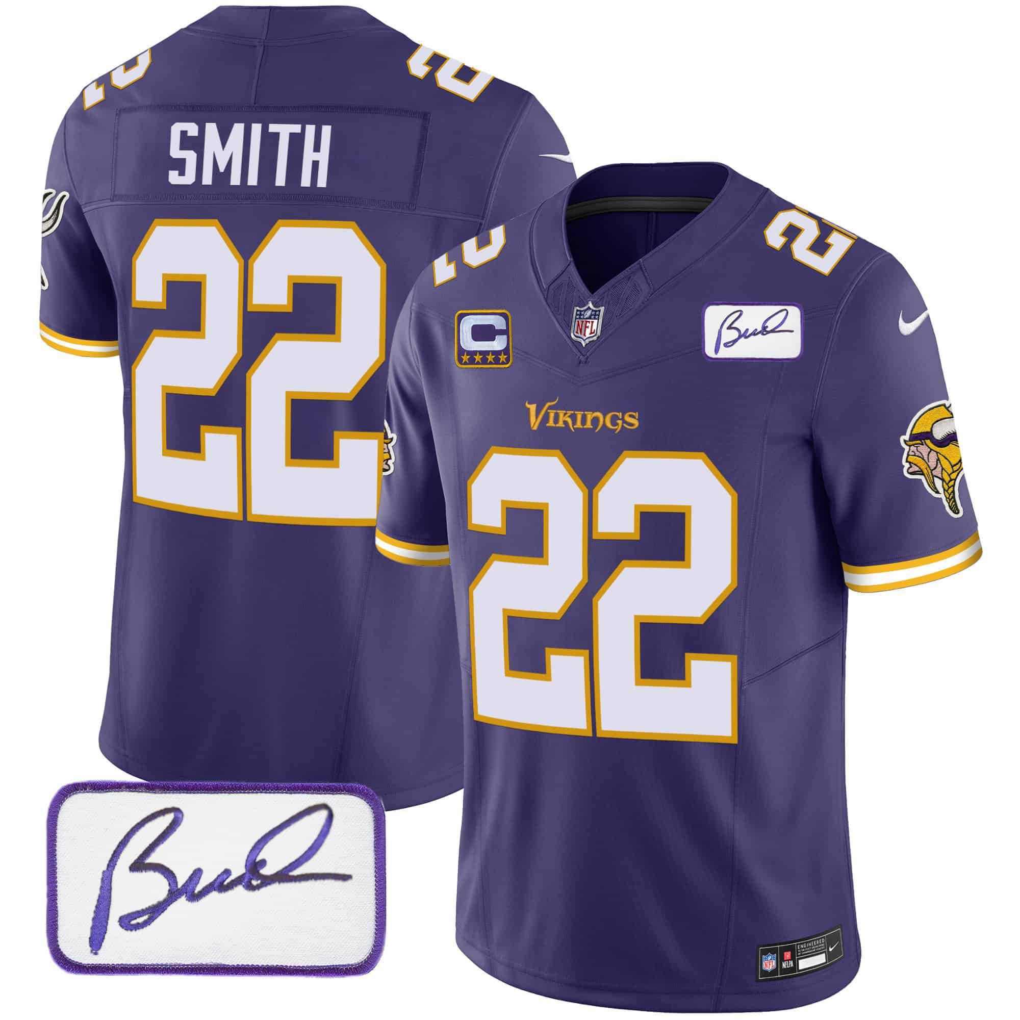 Men Minnesota Vikings #22 Smith Purple 2024 Nike Bud Grant Patch Classic Limited NFL Jersey style 5